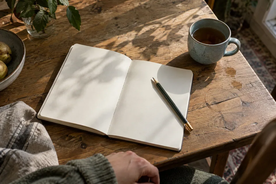 Gün ışığı alan bir masada açık defter ve çay